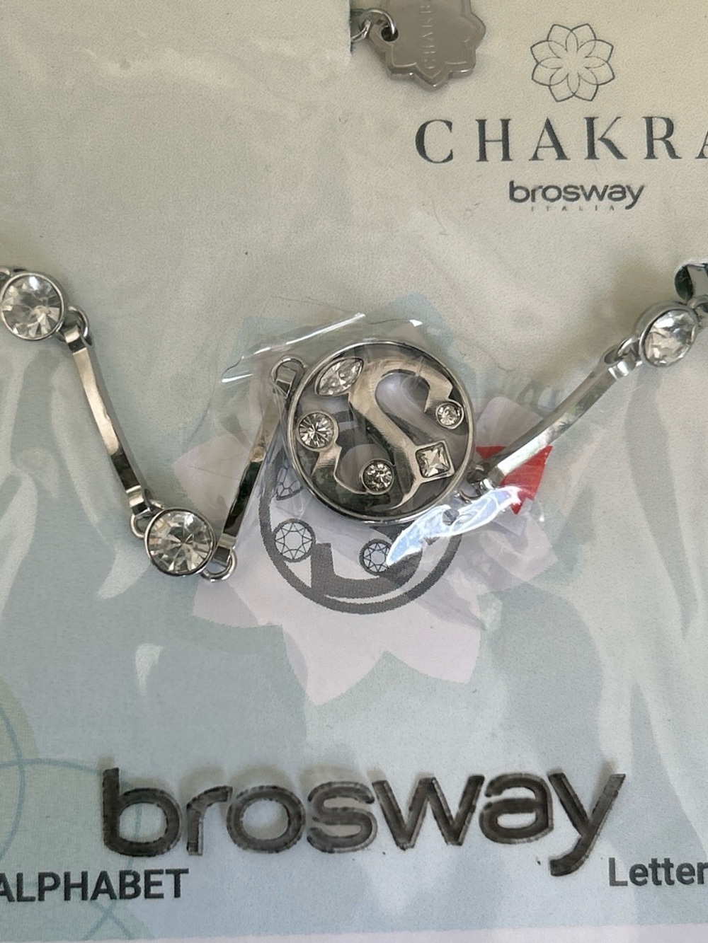 Chakra Silver Letter S bracelet- Clear Crystal Accent